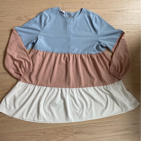 TAVIN Dress, Long Sleeve, Flowy Mini, Pleated, Blue/Pink/White, Women's (US 14) - Picture 6 of 9